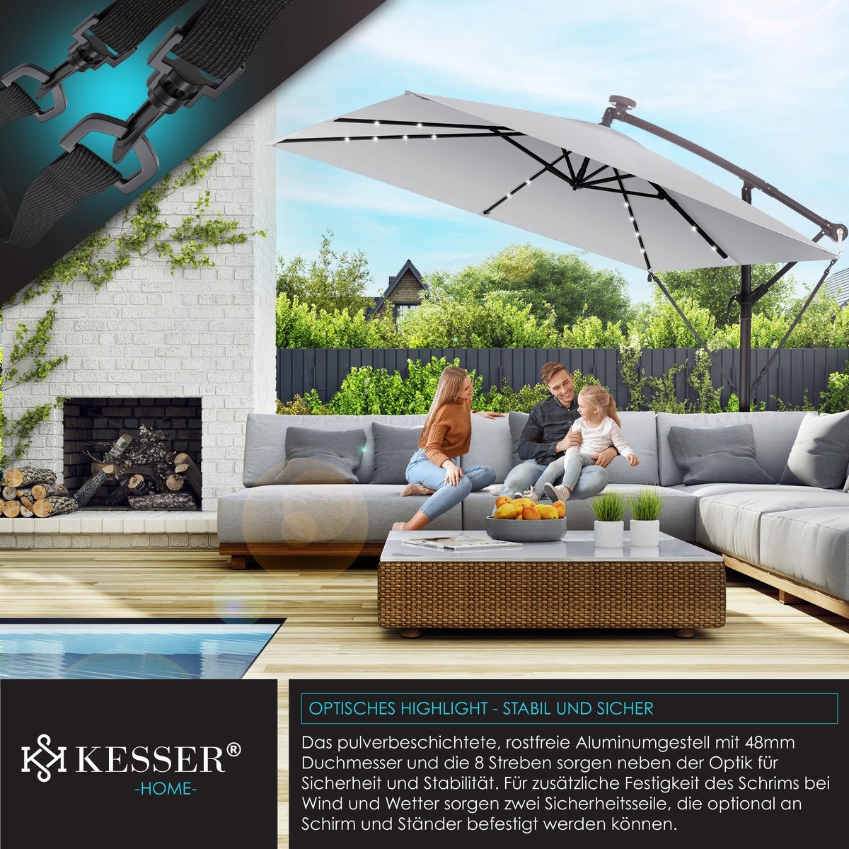 Parasol - diameter 350 cm - rechthoekig - met LED - inclusief hoes - lichtgrijs - Afbeelding 11