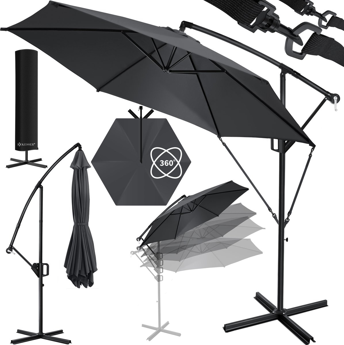 Zweefparasol XL -350x350cm - parasol - 360° draaibaar - met beschermhoes - donkergrijs / antraciet