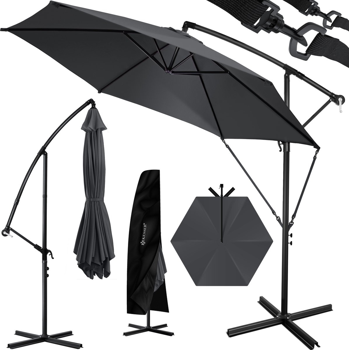Zweefparasol XL -350x350cm - parasol - 360° draaibaar - met beschermhoes - donkergrijs / antraciet - Afbeelding 3