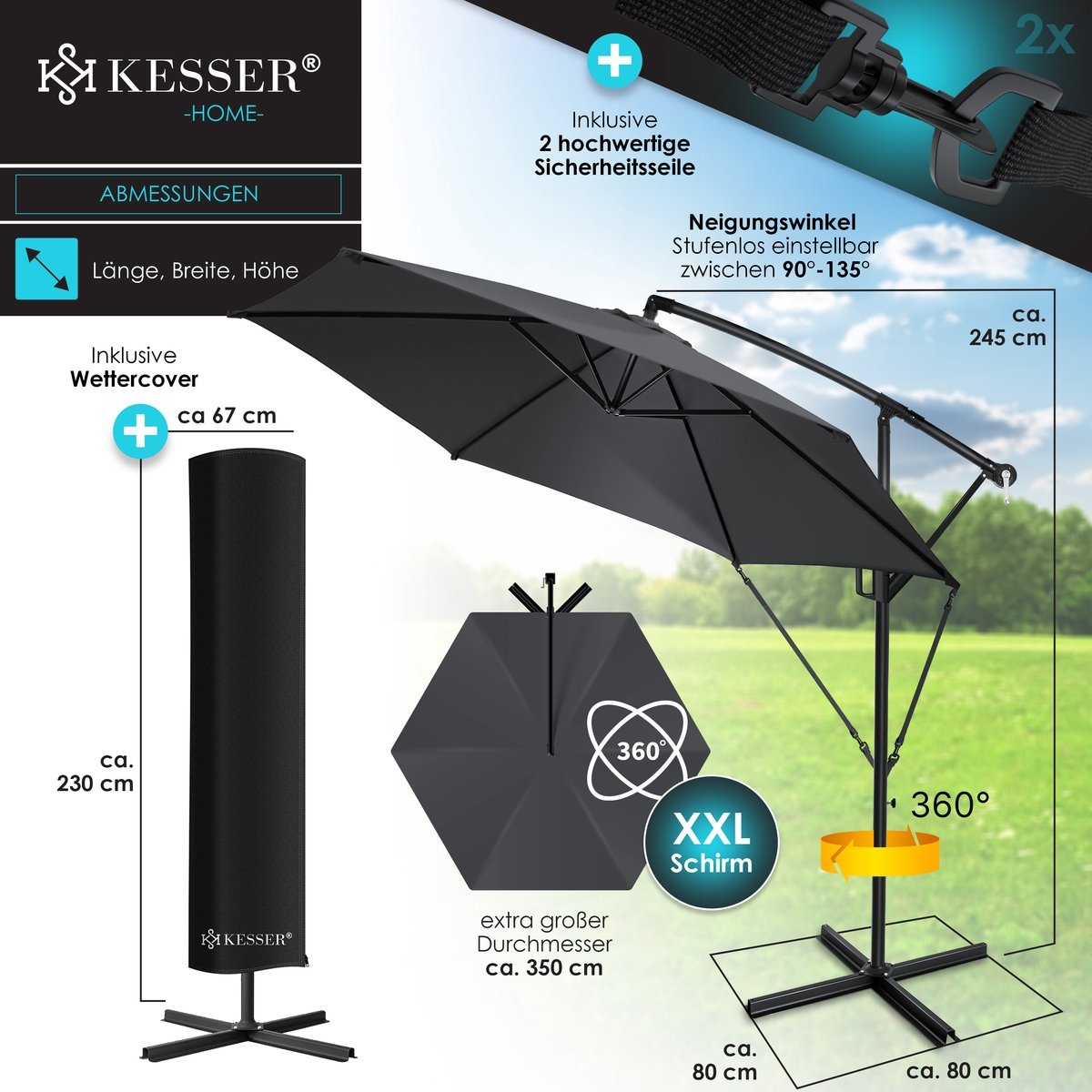 Zweefparasol XL -350x350cm - parasol - 360° draaibaar - met beschermhoes - donkergrijs / antraciet - Afbeelding 8