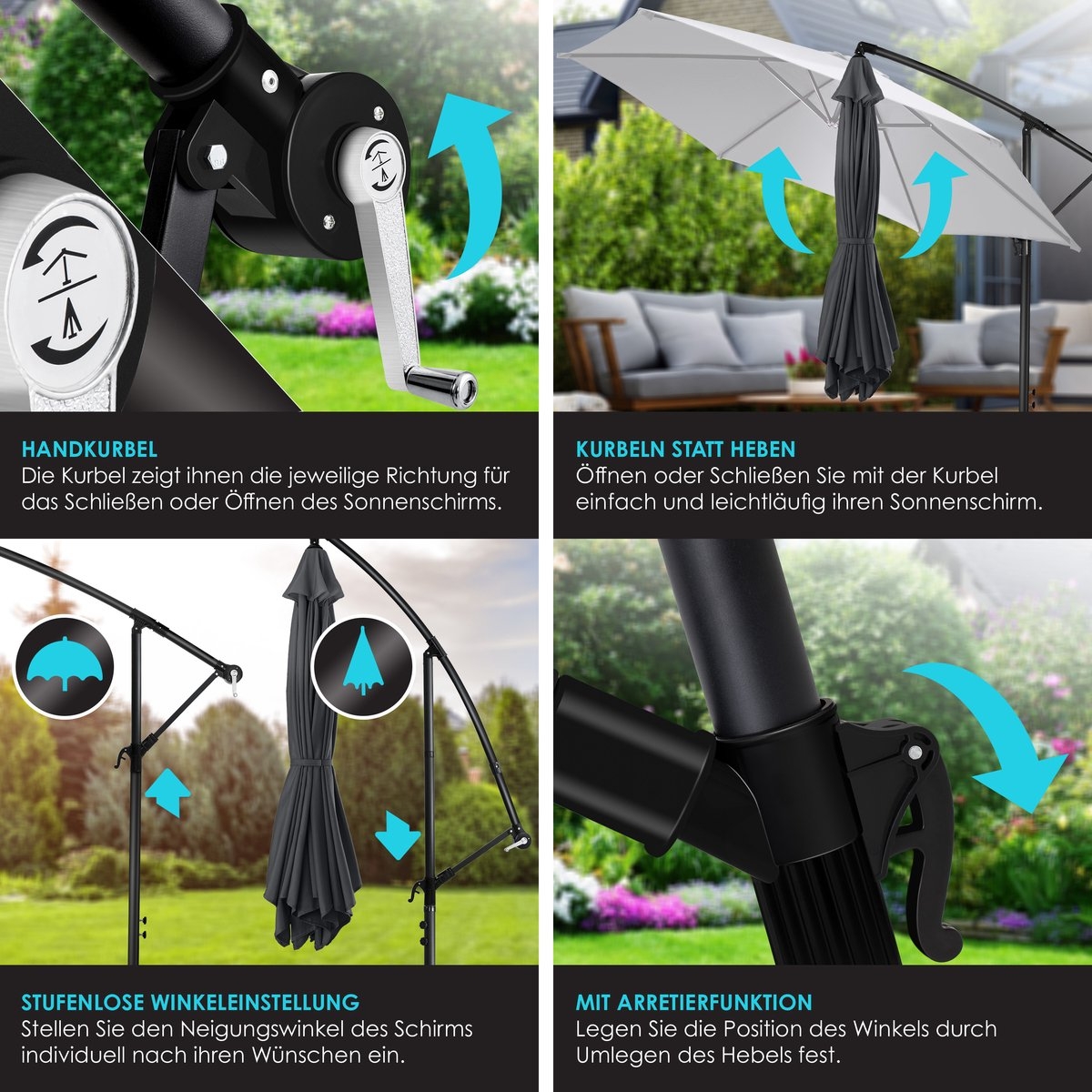 Zweefparasol XL -350x350cm - parasol - 360° draaibaar - met beschermhoes - donkergrijs / antraciet - Afbeelding 9