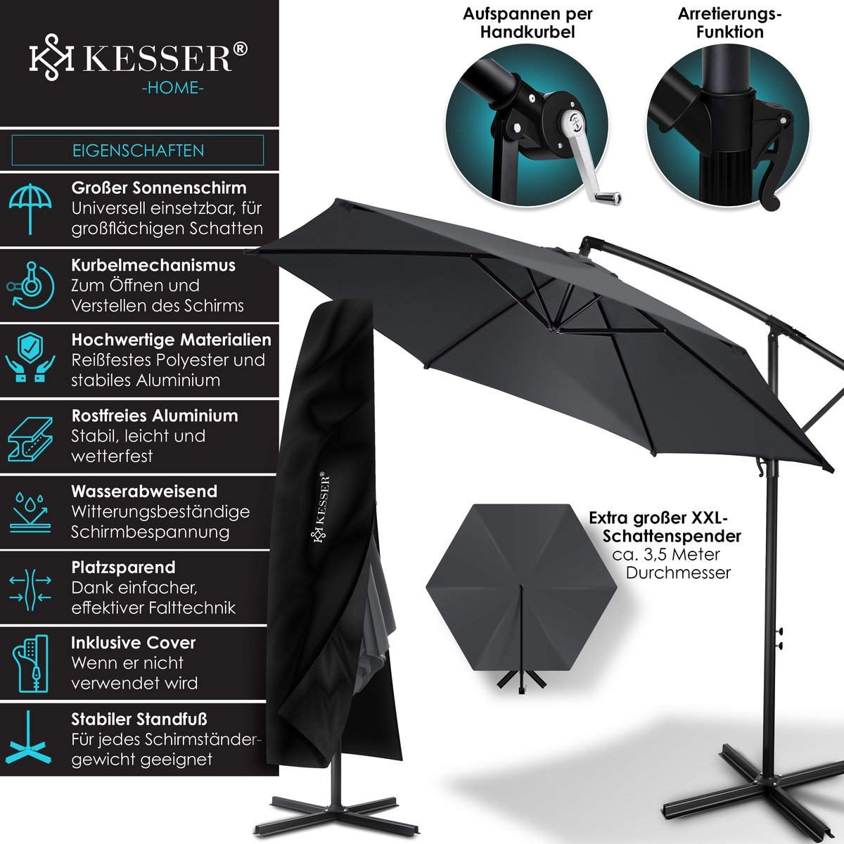 Zweefparasol XL -350x350cm - parasol - 360° draaibaar - met beschermhoes - donkergrijs / antraciet - Afbeelding 10