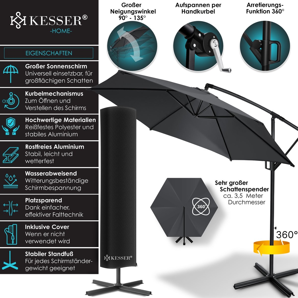 Zweefparasol XL -350x350cm - parasol - 360° draaibaar - met beschermhoes - donkergrijs / antraciet - Afbeelding 12