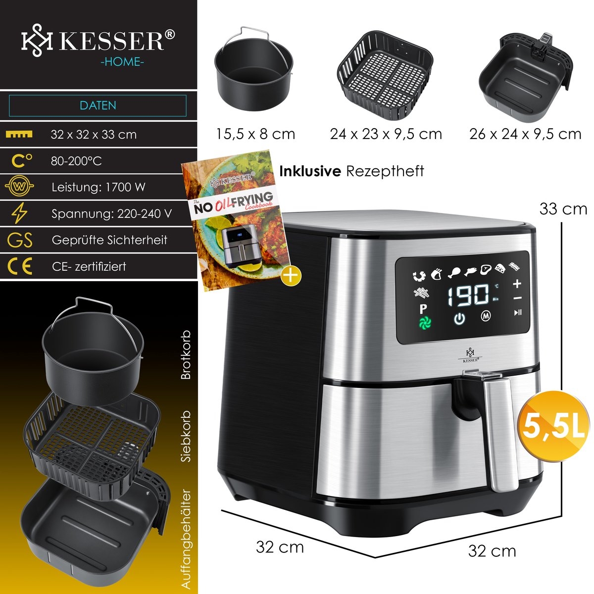 Airfryer XXL - 5,5 Liter - heteluchtfriteuse - RVS - 1700W - touch display - zilverkleurig - Afbeelding 3