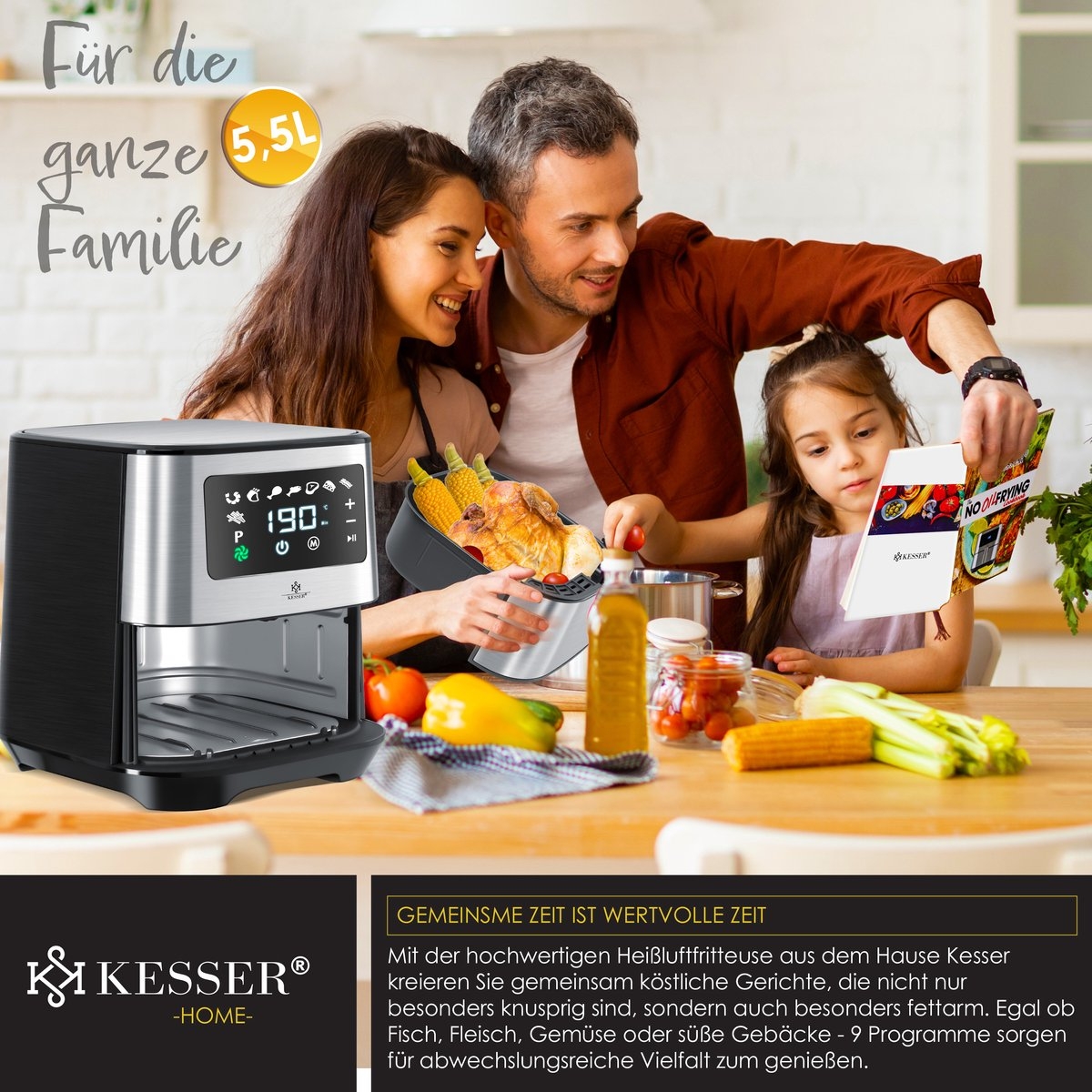 Airfryer XXL - 5,5 Liter - heteluchtfriteuse - RVS - 1700W - touch display - zilverkleurig - Afbeelding 5
