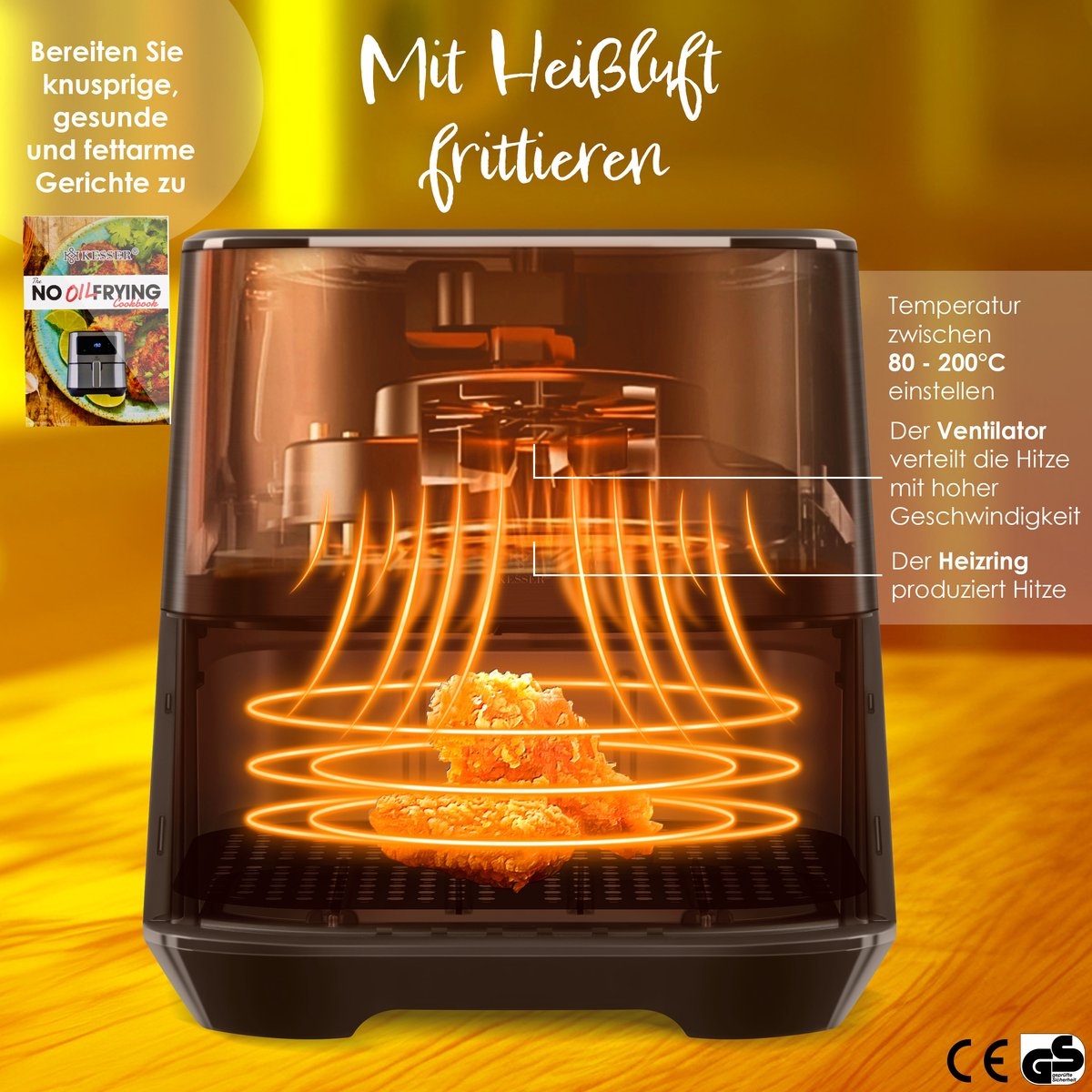 Airfryer XXL - 5,5 Liter - heteluchtfriteuse - RVS - 1700W - touch display - zilverkleurig - Afbeelding 6