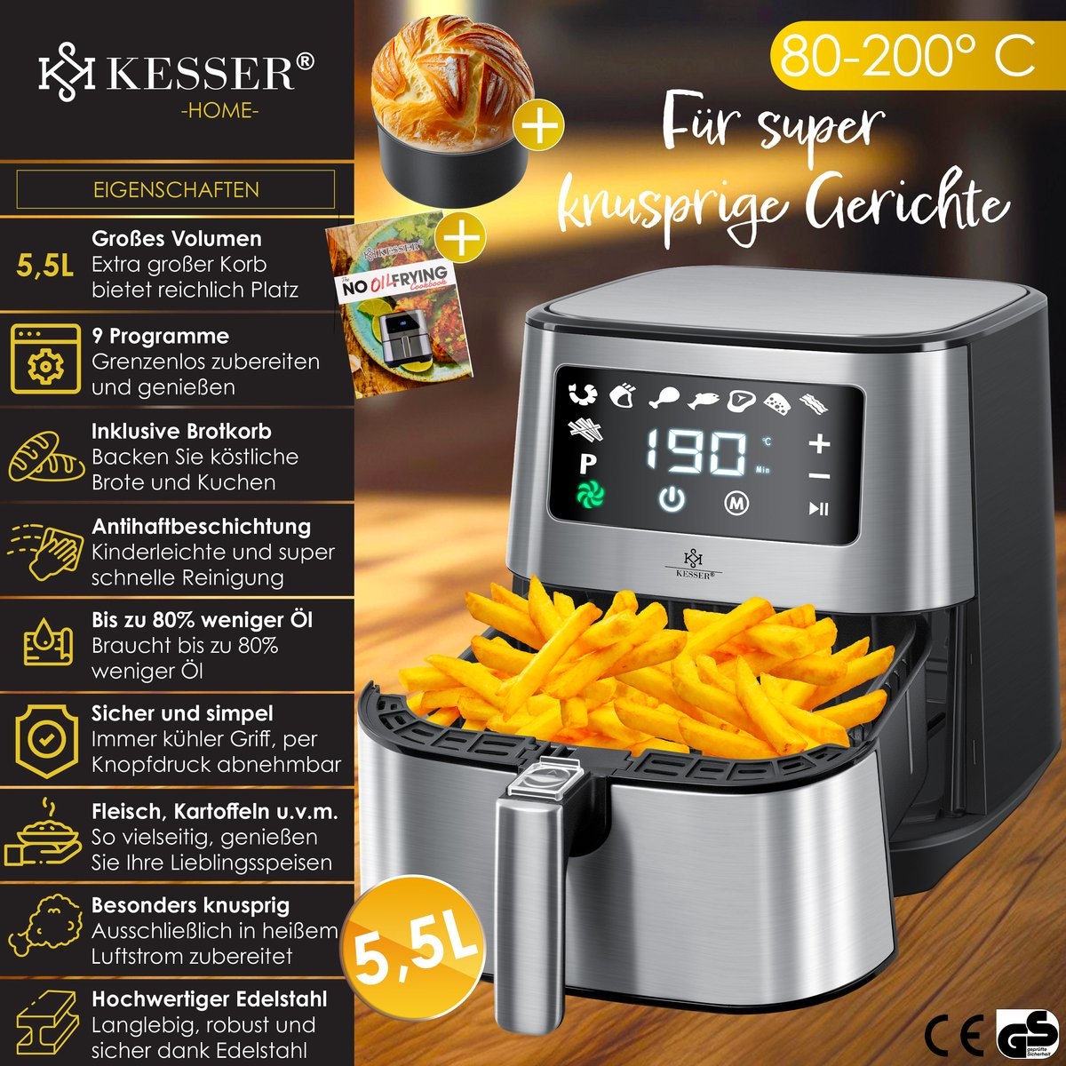 Airfryer XXL - 5,5 Liter - heteluchtfriteuse - RVS - 1700W - touch display - zilverkleurig - Afbeelding 9