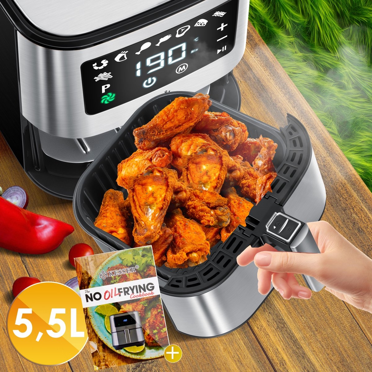 Airfryer XXL - 5,5 Liter - heteluchtfriteuse - RVS - 1700W - touch display - zilverkleurig - Afbeelding 10