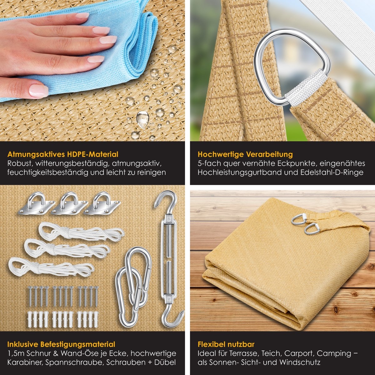 Schaduwdoek - zonnezeil - zonwering - driehoek - 4.2x4.2x6 meter - zand - Afbeelding 3