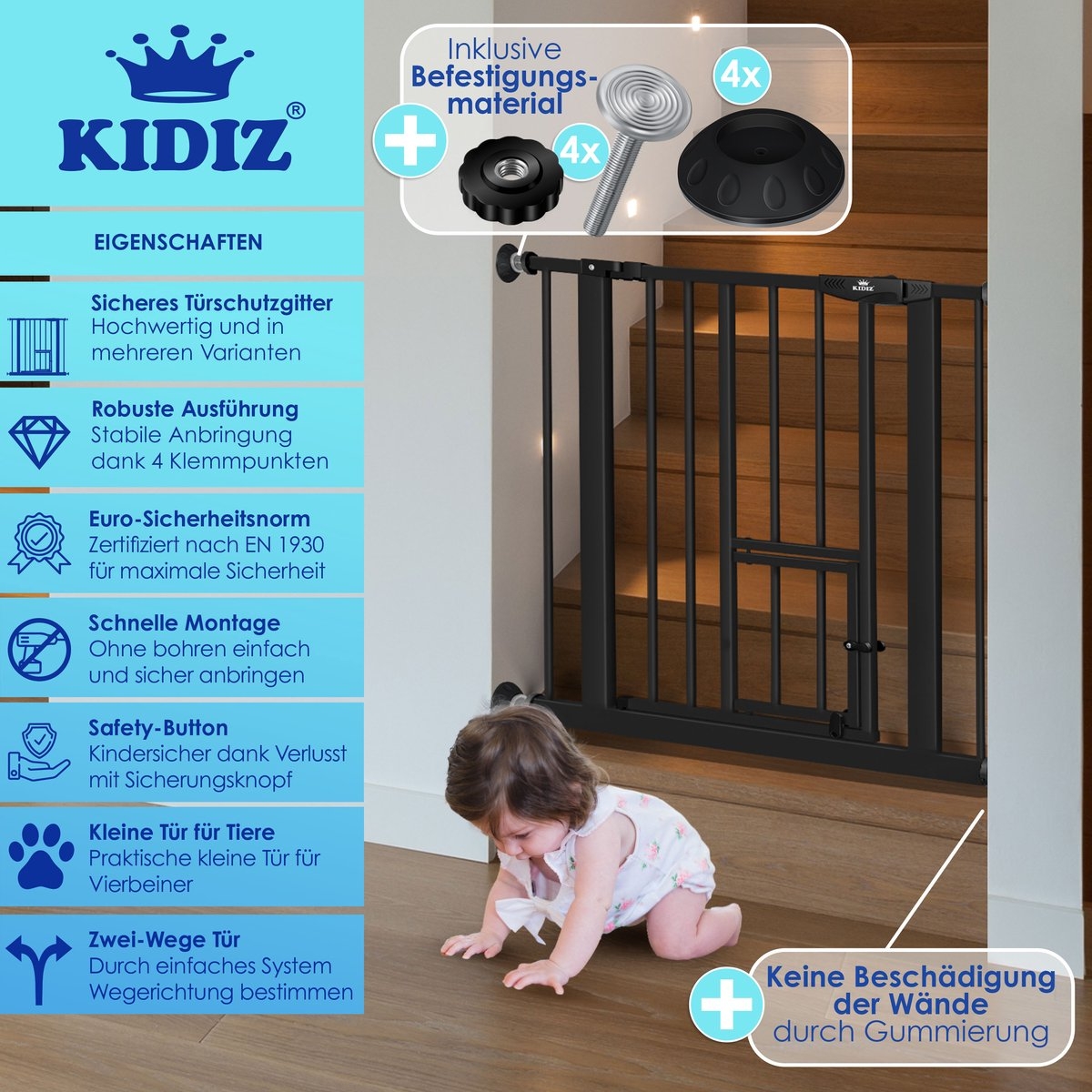 Traphekje / kinderhekje met luik voor huisdier - zonder boren - 74 - 87 cm - zwart - Afbeelding 4