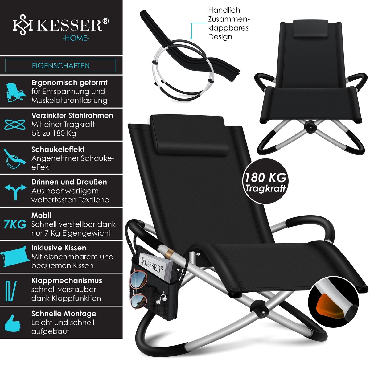 Relax ligstoel - tuinligstoel schommelstoel - 180 kg belastbaar - 174 x 78 x 89 cm - zwart - Afbeelding 3