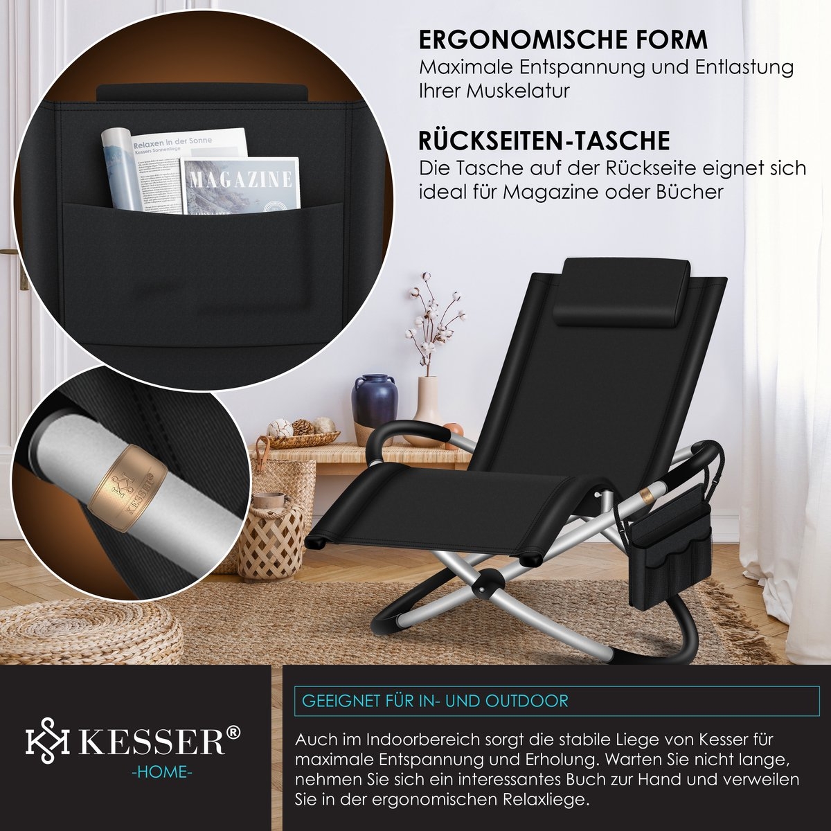 Relax ligstoel - tuinligstoel schommelstoel - 180 kg belastbaar - 174 x 78 x 89 cm - zwart - Afbeelding 4