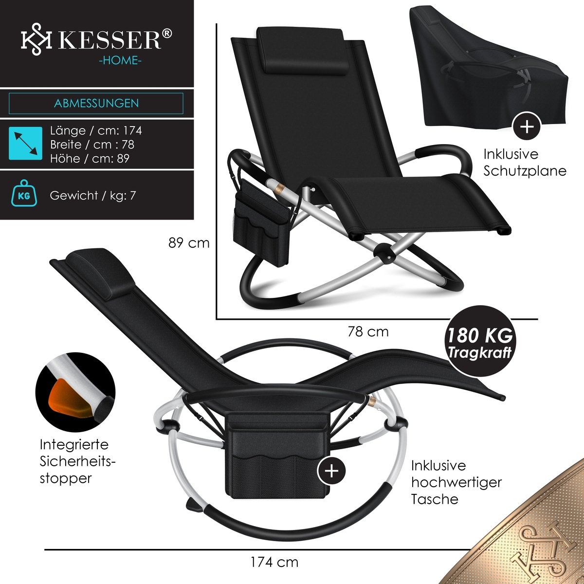 Relax ligstoel - tuinligstoel schommelstoel - 180 kg belastbaar - 174 x 78 x 89 cm - zwart - Afbeelding 6