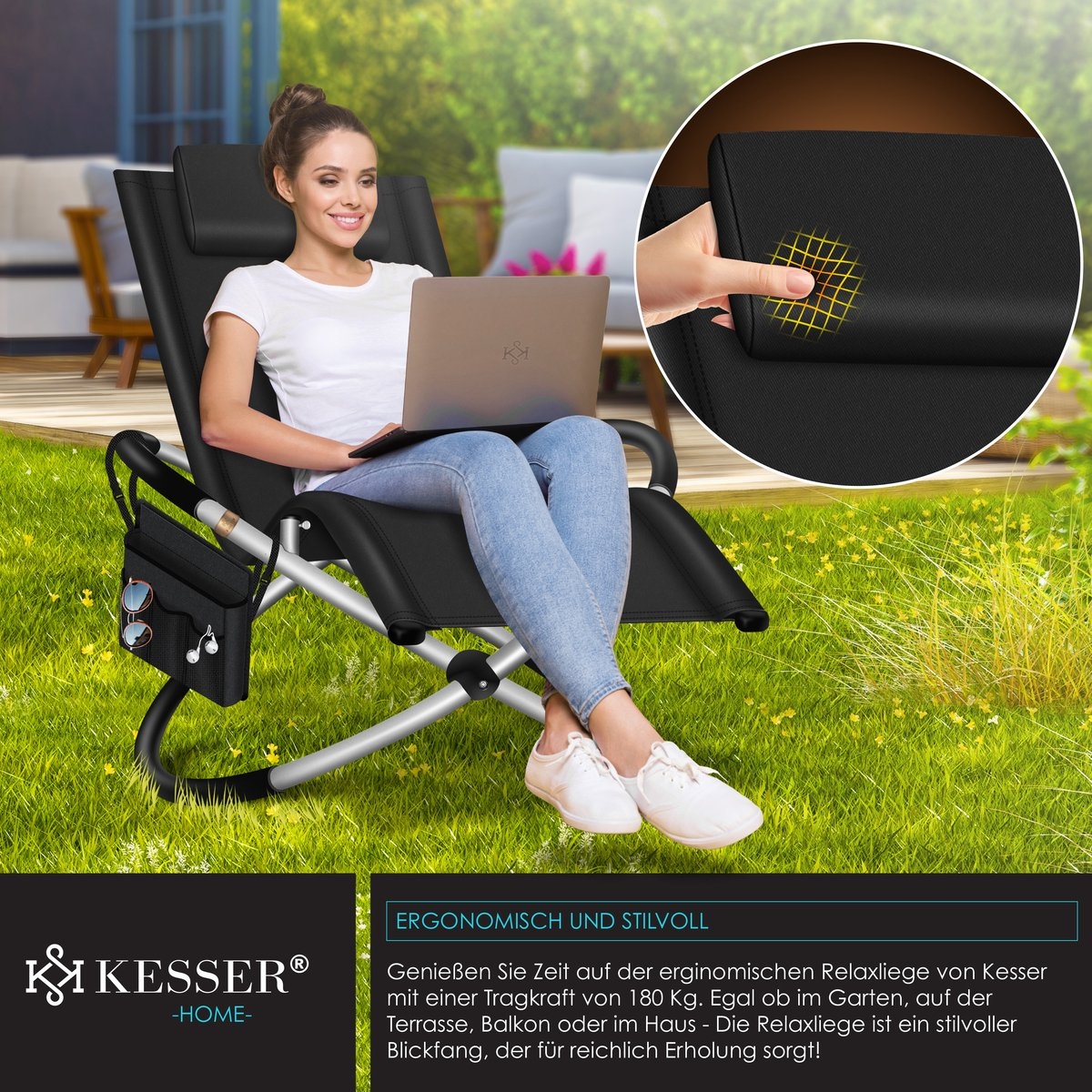 Relax ligstoel - tuinligstoel schommelstoel - 180 kg belastbaar - 174 x 78 x 89 cm - zwart - Afbeelding 7