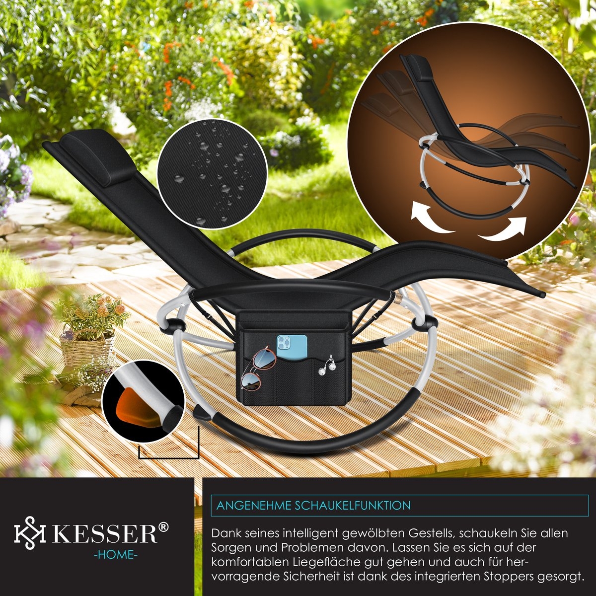 Relax ligstoel - tuinligstoel schommelstoel - 180 kg belastbaar - 174 x 78 x 89 cm - zwart - Afbeelding 8