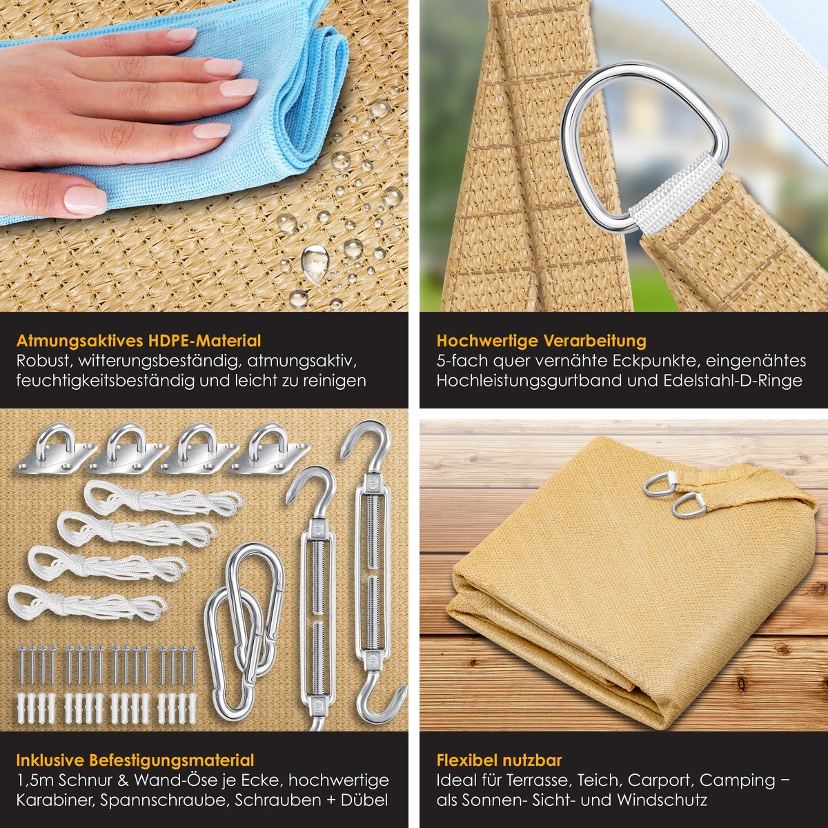 Zonnezeil - schaduwdoek - zonnescherm - 3x3 meter - zand - Afbeelding 3