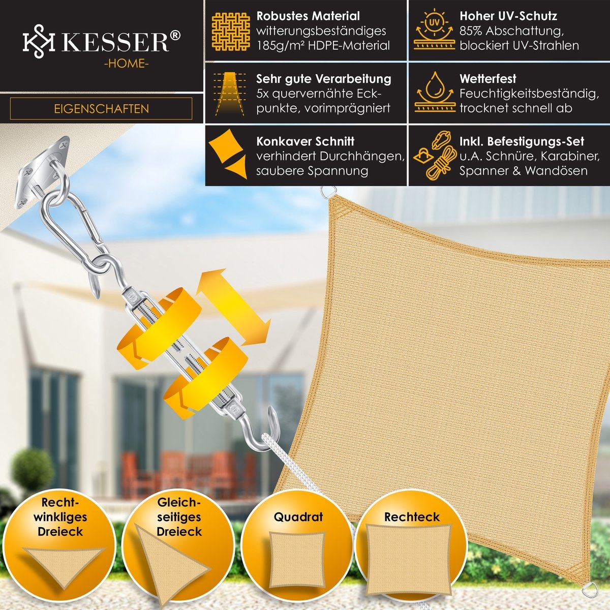 Zonnezeil - schaduwdoek - zonnescherm - 3x3 meter - zand - Afbeelding 5