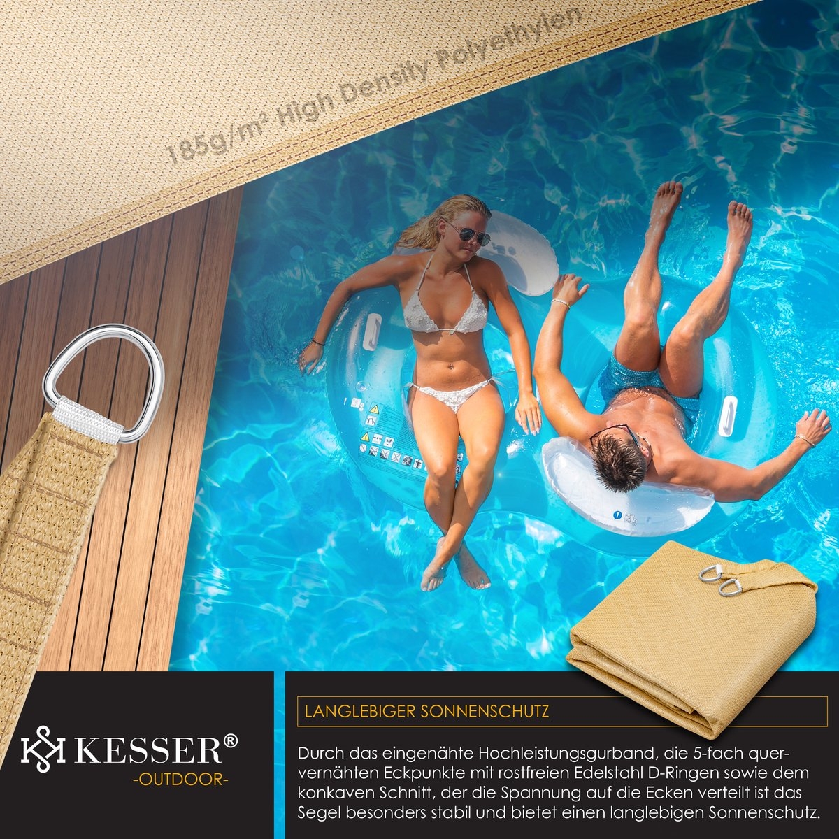 Zonnezeil - schaduwdoek - zonnescherm - 3x3 meter - zand - Afbeelding 8