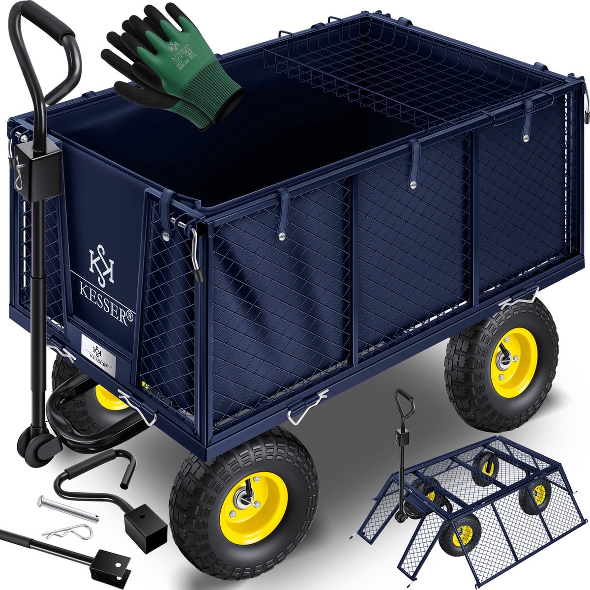 Tuinkar - bolderkar tuin - tuinkar - gereedschapswagen - max 550 kg metaal - donkerblauw - Afbeelding 2