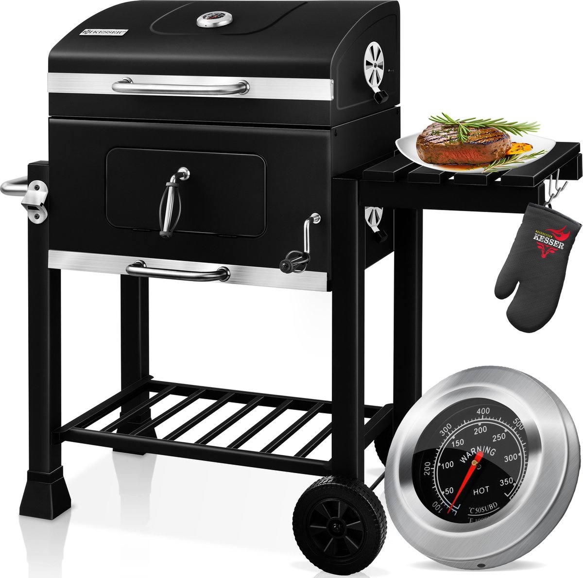 Houtskoolbarbecue XL BBQ - met deksel met thermometer - metaal met RVS - met accessoires - zwart