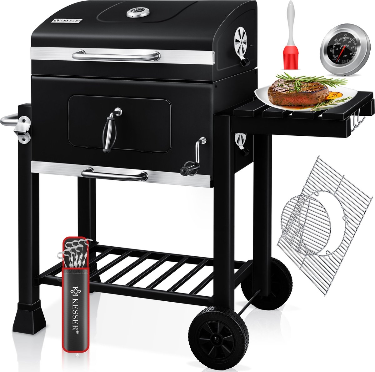 Houtskoolbarbecue XL BBQ - met deksel met thermometer - metaal met RVS - met accessoires - zwart - Afbeelding 4