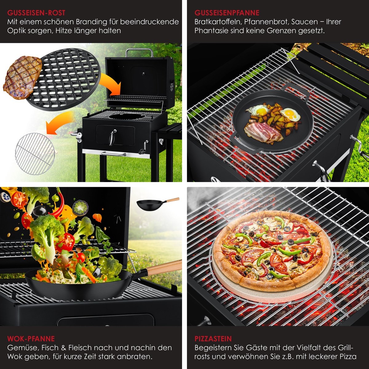 Houtskoolbarbecue XL BBQ - met deksel met thermometer - metaal met RVS - met accessoires - zwart - Afbeelding 8