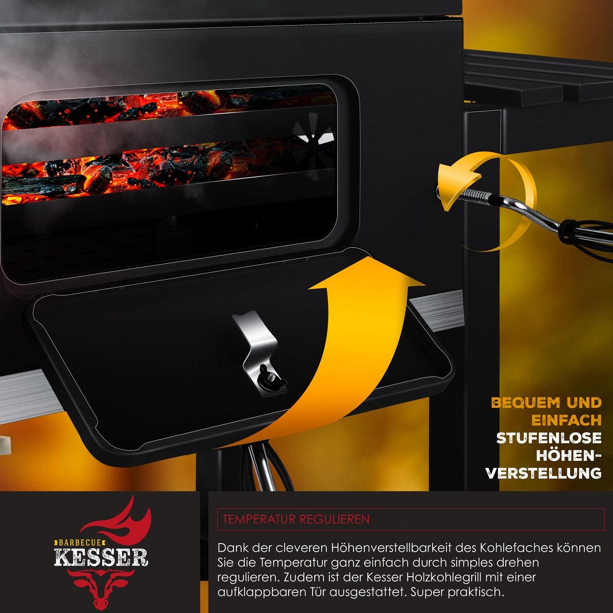 Houtskoolbarbecue XL BBQ - met deksel met thermometer - metaal met RVS - met accessoires - zwart - Afbeelding 9