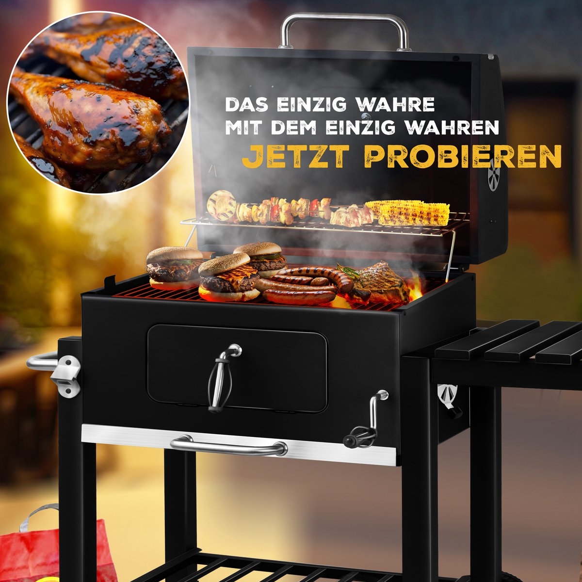 Houtskoolbarbecue XL BBQ - met deksel met thermometer - metaal met RVS - met accessoires - zwart - Afbeelding 10