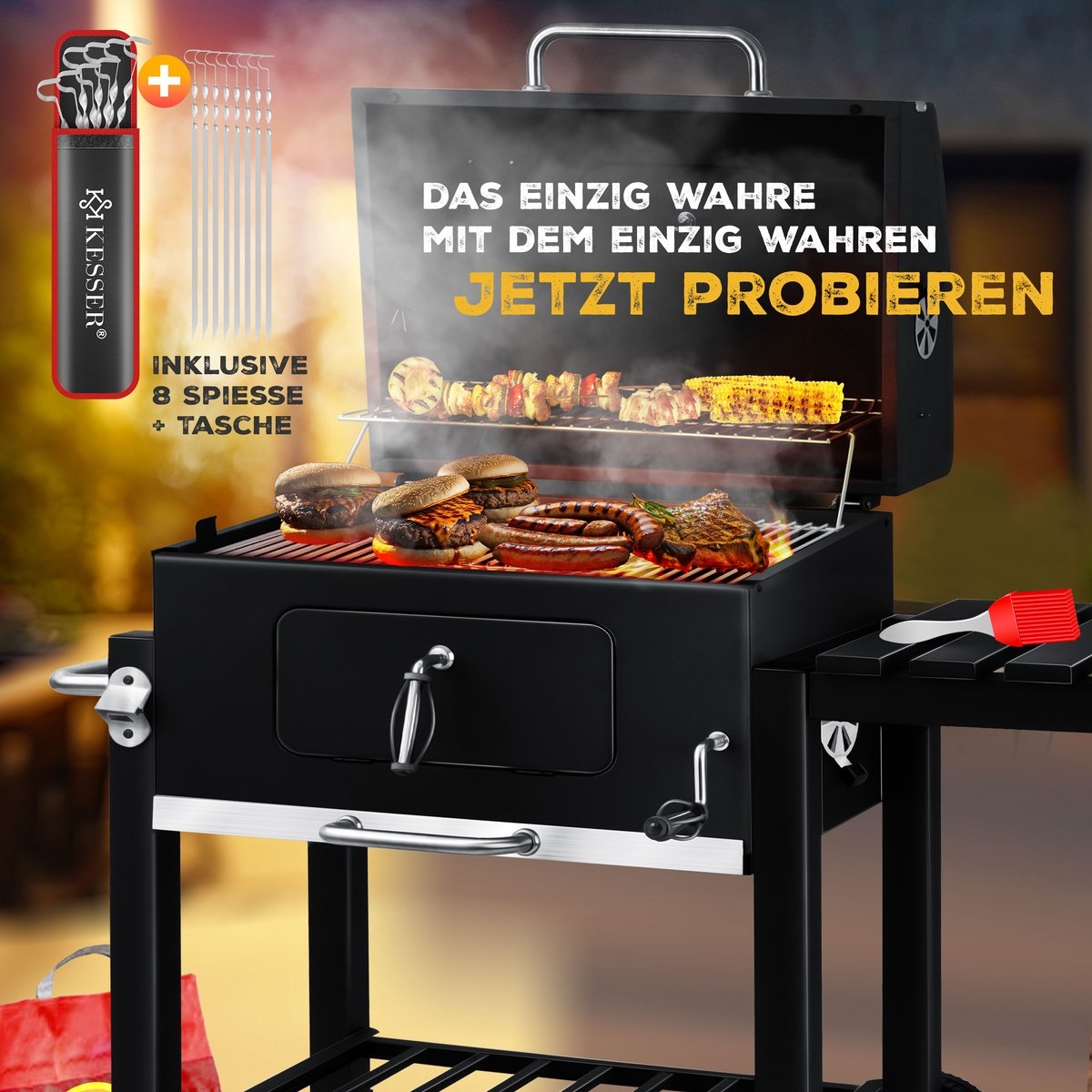 Houtskoolbarbecue XL BBQ - met deksel met thermometer - metaal met RVS - met accessoires - zwart - Afbeelding 11