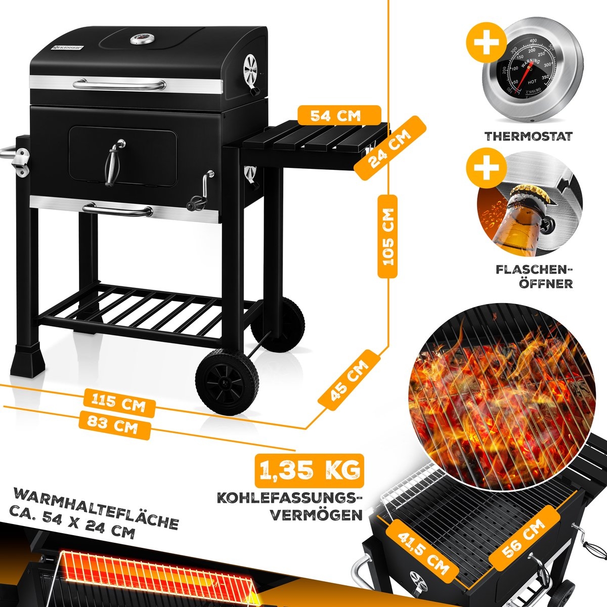 Houtskoolbarbecue XL BBQ - met deksel met thermometer - metaal met RVS - met accessoires - zwart - Afbeelding 13