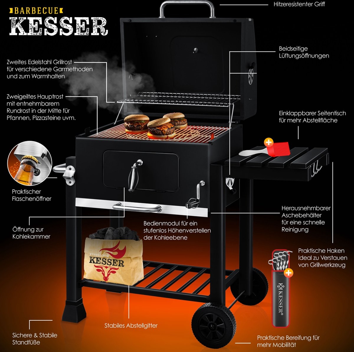 Houtskoolbarbecue XL BBQ - met deksel met thermometer - metaal met RVS - met accessoires - zwart - Afbeelding 15