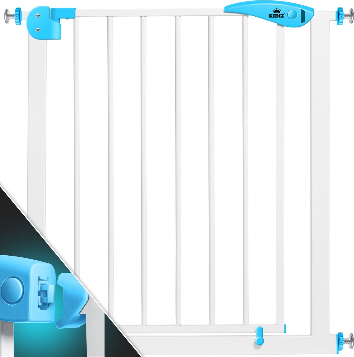Traphekje / kinderhekje met luik voor huisdier – zonder boren – 74 – 87 cm – wit met blauw