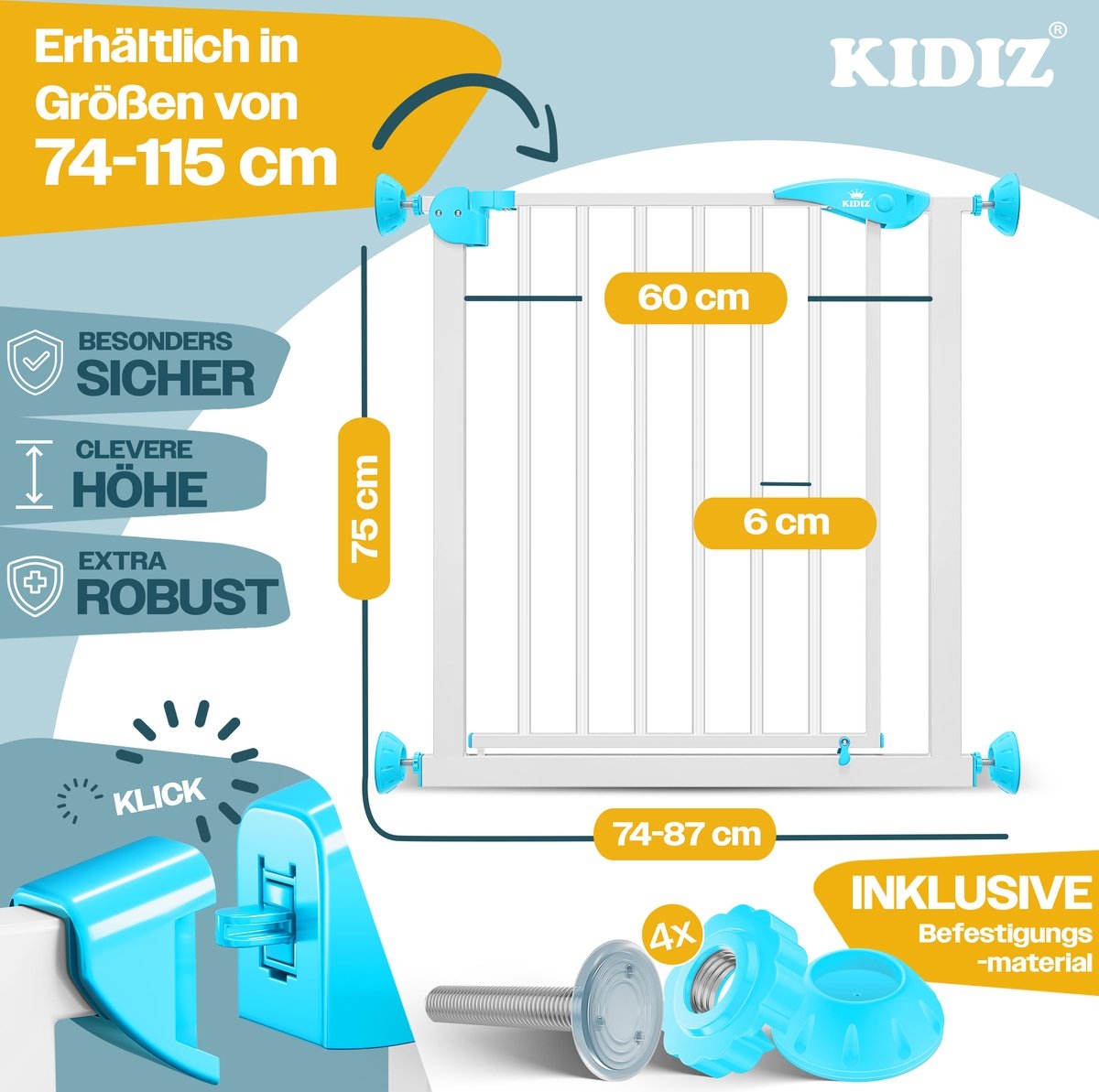 Traphekje / kinderhekje met luik voor huisdier – zonder boren – 74 – 87 cm – wit met blauw - Afbeelding 2