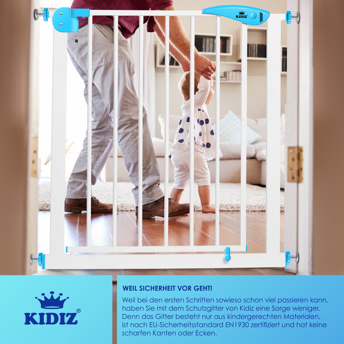 Traphekje / kinderhekje met luik voor huisdier – zonder boren – 74 – 87 cm – wit met blauw - Afbeelding 3