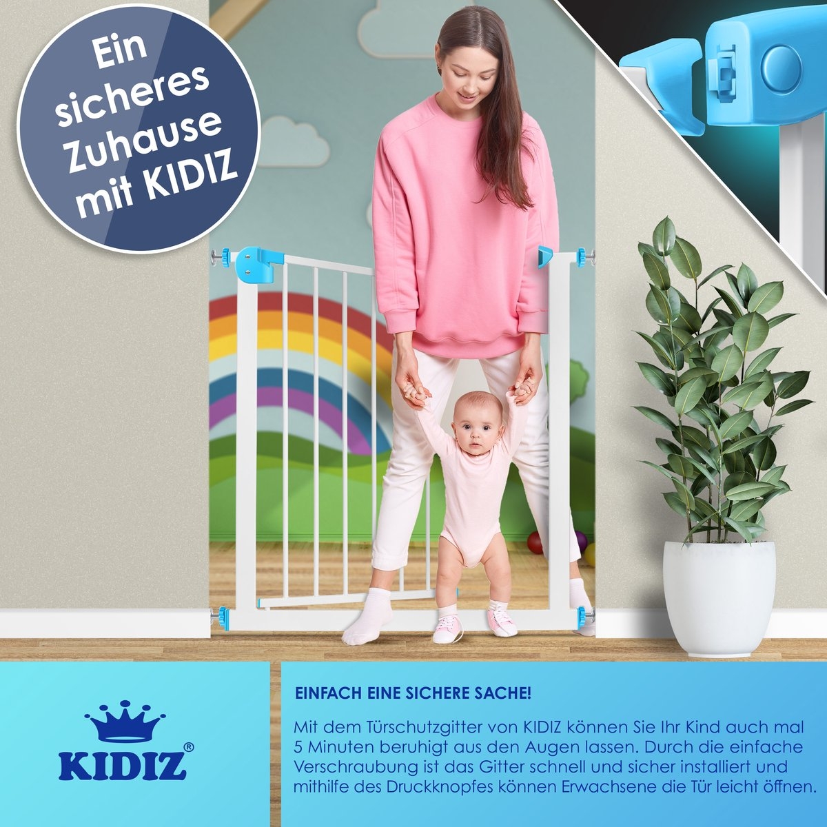 Traphekje / kinderhekje met luik voor huisdier – zonder boren – 74 – 87 cm – wit met blauw - Afbeelding 5