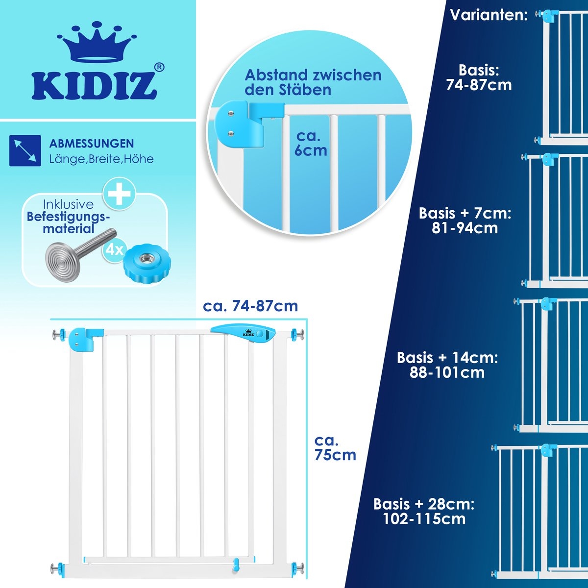 Traphekje / kinderhekje met luik voor huisdier – zonder boren – 74 – 87 cm – wit met blauw - Afbeelding 6