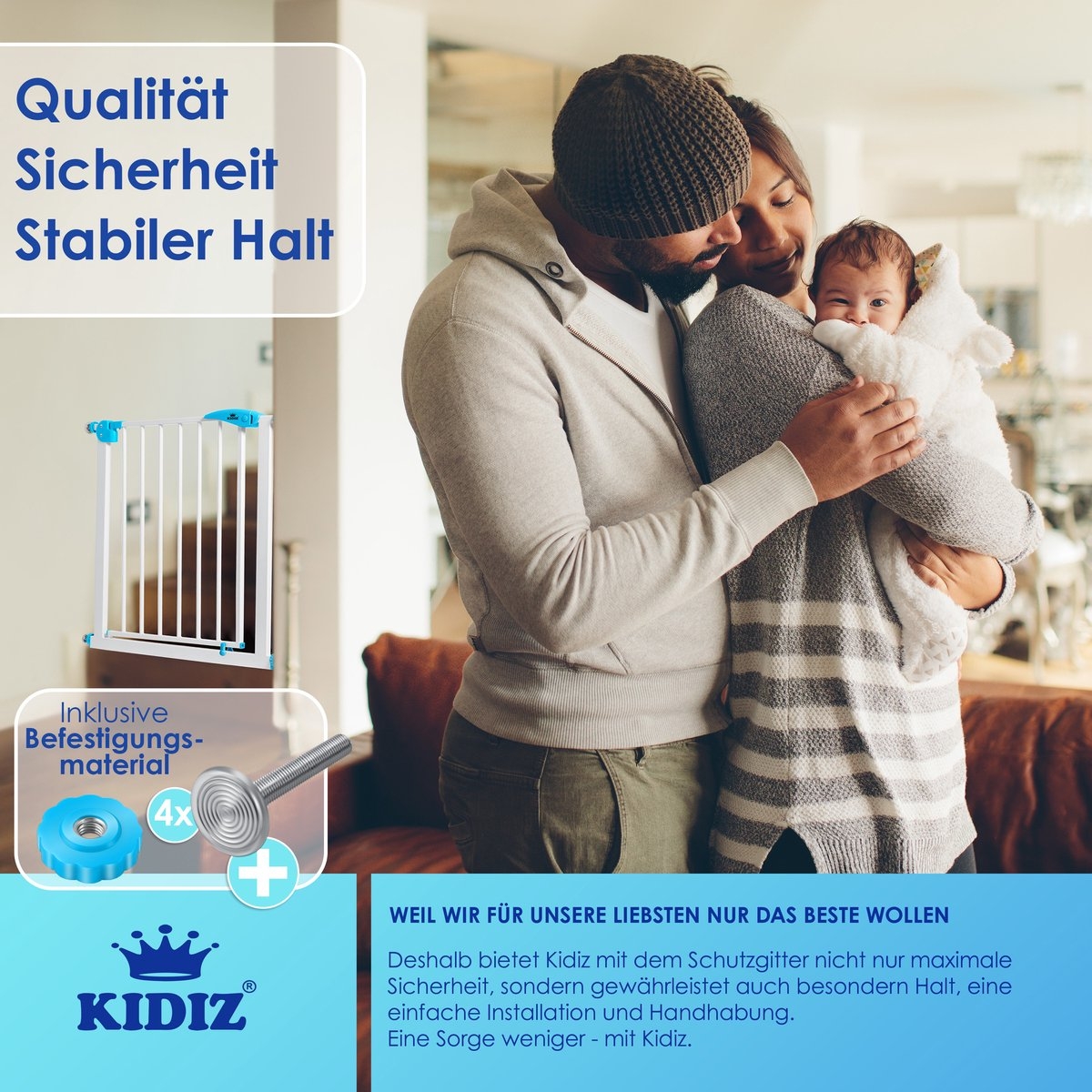 Traphekje / kinderhekje met luik voor huisdier – zonder boren – 74 – 87 cm – wit met blauw - Afbeelding 7