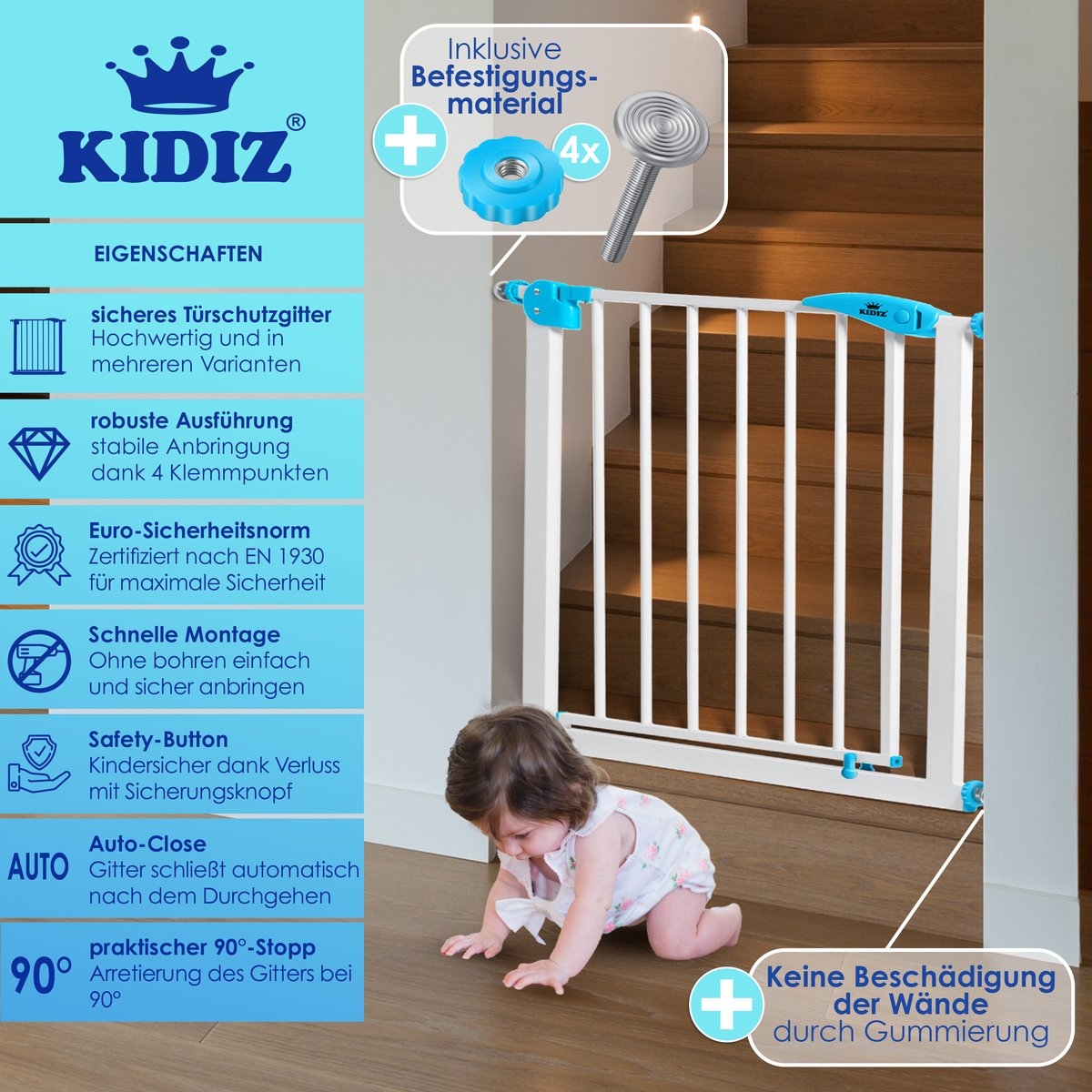 Traphekje / kinderhekje met luik voor huisdier – zonder boren – 74 – 87 cm – wit met blauw - Afbeelding 8