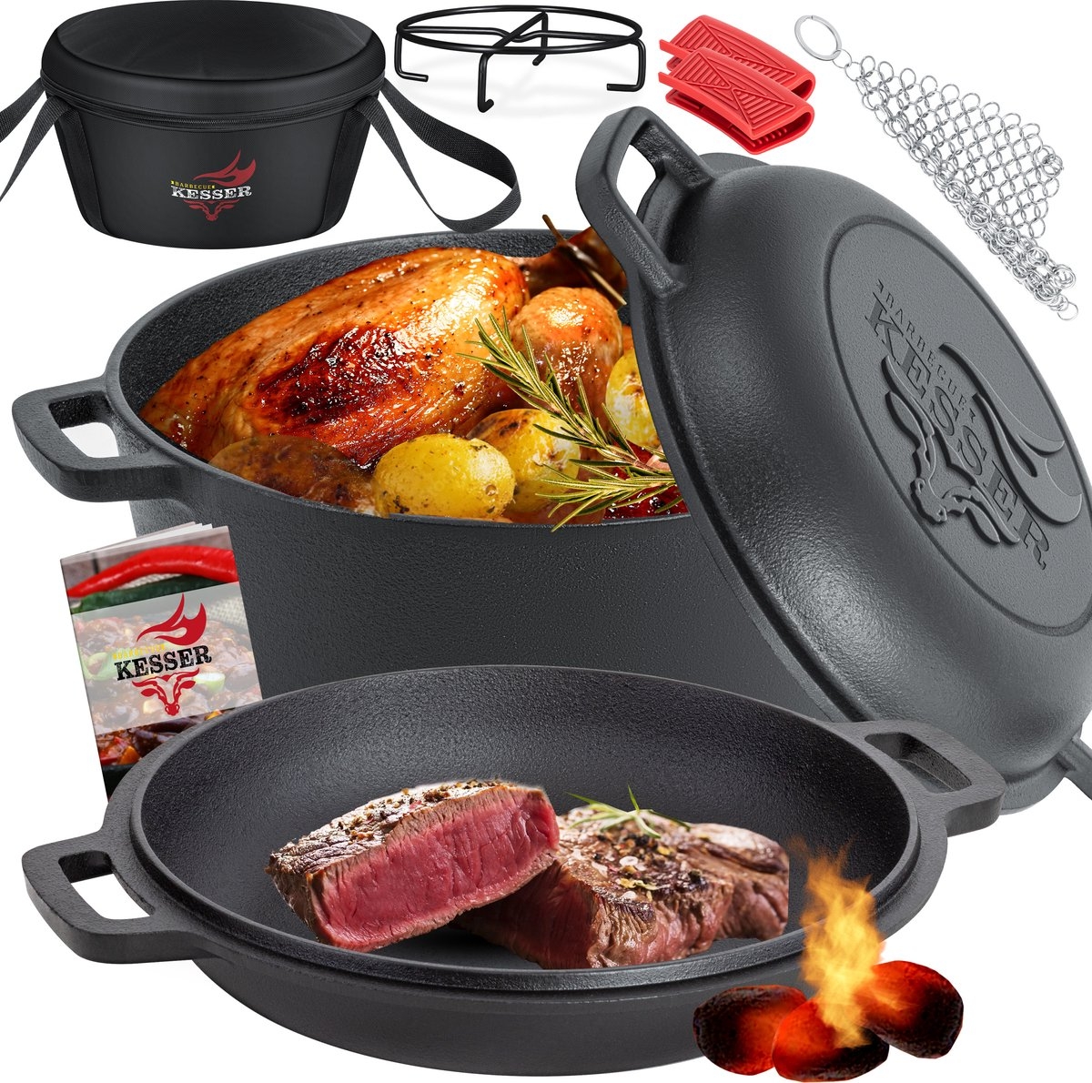 Dutch oven - gietijzeren pan 4,8L en gietijzeren deksel 1,8L - buiten en binnen - braadpan - zwart