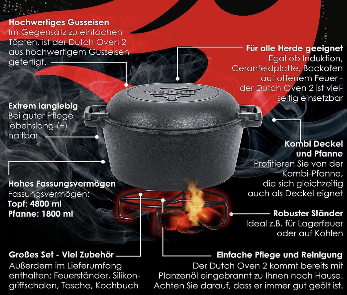 Dutch oven - gietijzeren pan 4,8L en gietijzeren deksel 1,8L - buiten en binnen - braadpan - zwart - Afbeelding 2