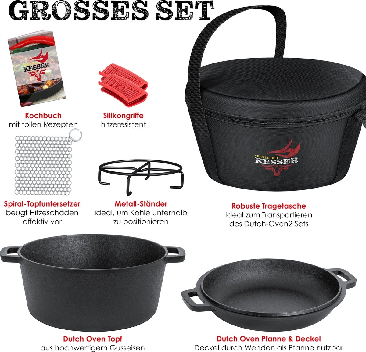 Dutch oven - gietijzeren pan 4,8L en gietijzeren deksel 1,8L - buiten en binnen - braadpan - zwart - Afbeelding 4