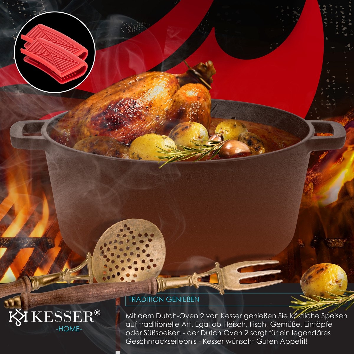 Dutch oven - gietijzeren pan 4,8L en gietijzeren deksel 1,8L - buiten en binnen - braadpan - zwart - Afbeelding 5