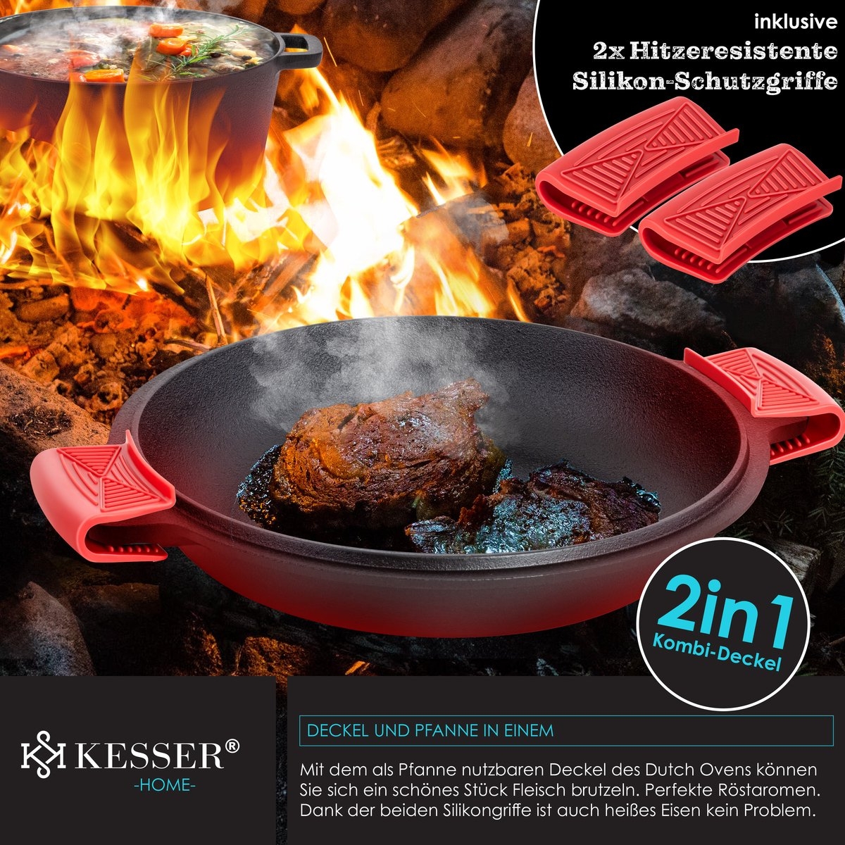 Dutch oven - gietijzeren pan 4,8L en gietijzeren deksel 1,8L - buiten en binnen - braadpan - zwart - Afbeelding 7