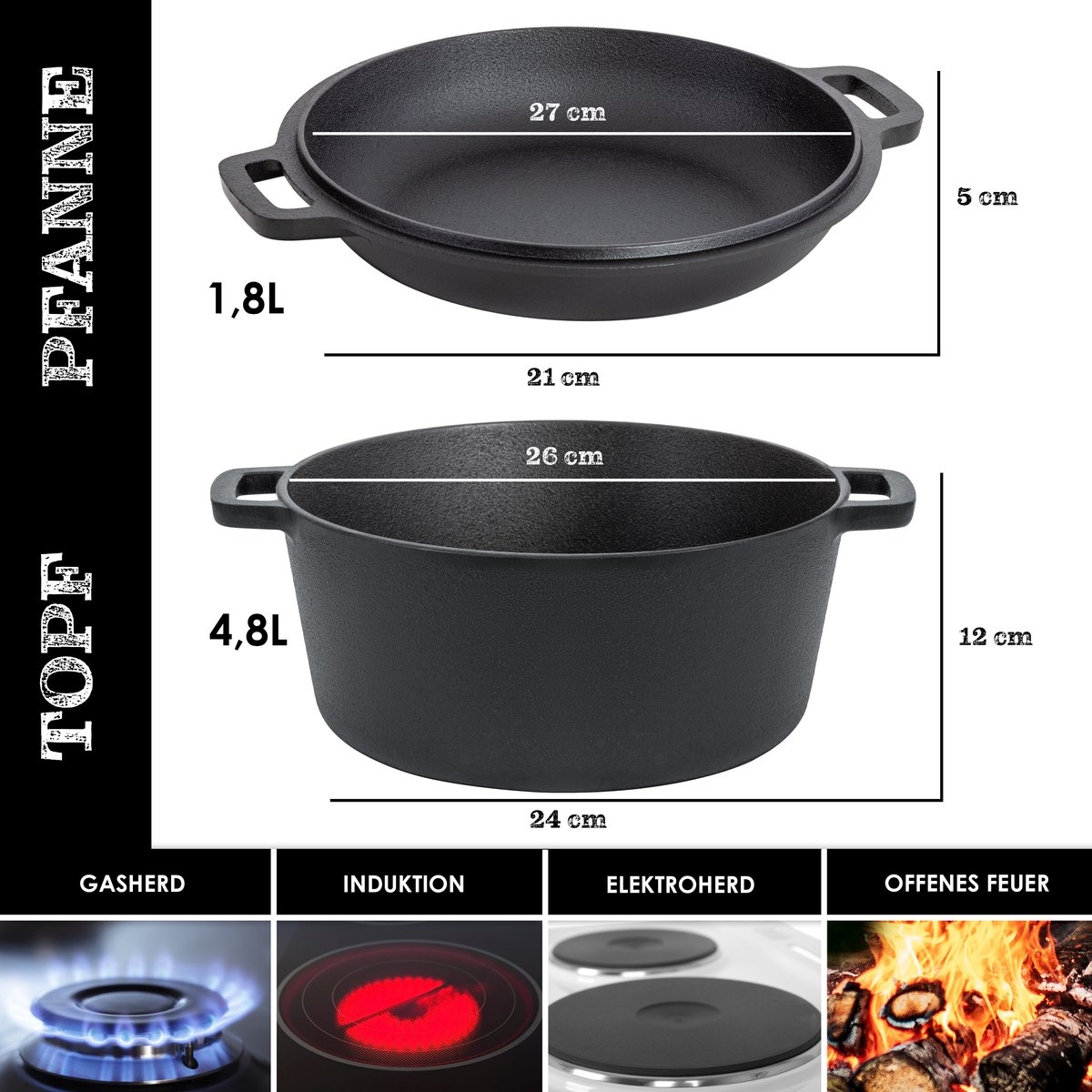 Dutch oven - gietijzeren pan 4,8L en gietijzeren deksel 1,8L - buiten en binnen - braadpan - zwart - Afbeelding 8