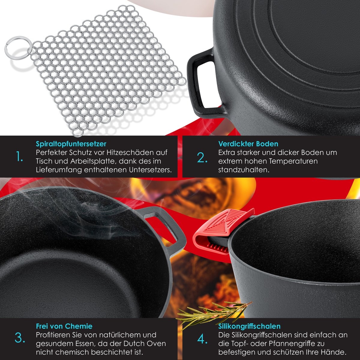 Dutch oven - gietijzeren pan 4,8L en gietijzeren deksel 1,8L - buiten en binnen - braadpan - zwart - Afbeelding 9