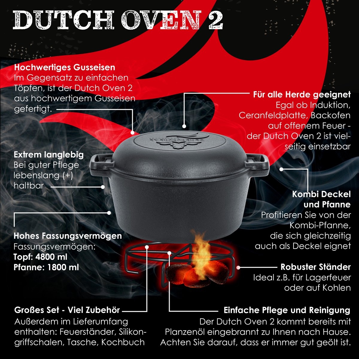 Dutch oven - gietijzeren pan 4,8L en gietijzeren deksel 1,8L - buiten en binnen - braadpan - zwart - Afbeelding 10