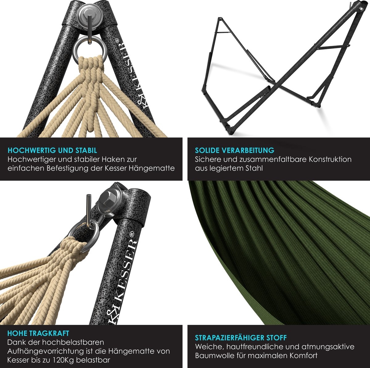 Hangmat Vill - metalen frame - lengte 255 cm - 120kg draagvermogen - groen - Afbeelding 2