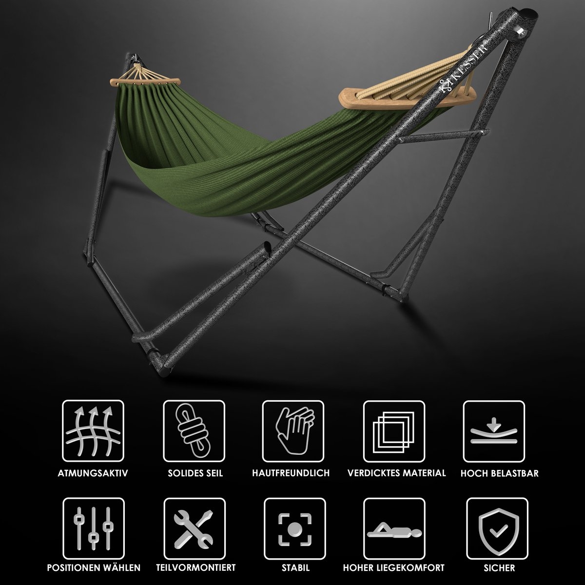 Hangmat Vill - metalen frame - lengte 255 cm - 120kg draagvermogen - groen - Afbeelding 7