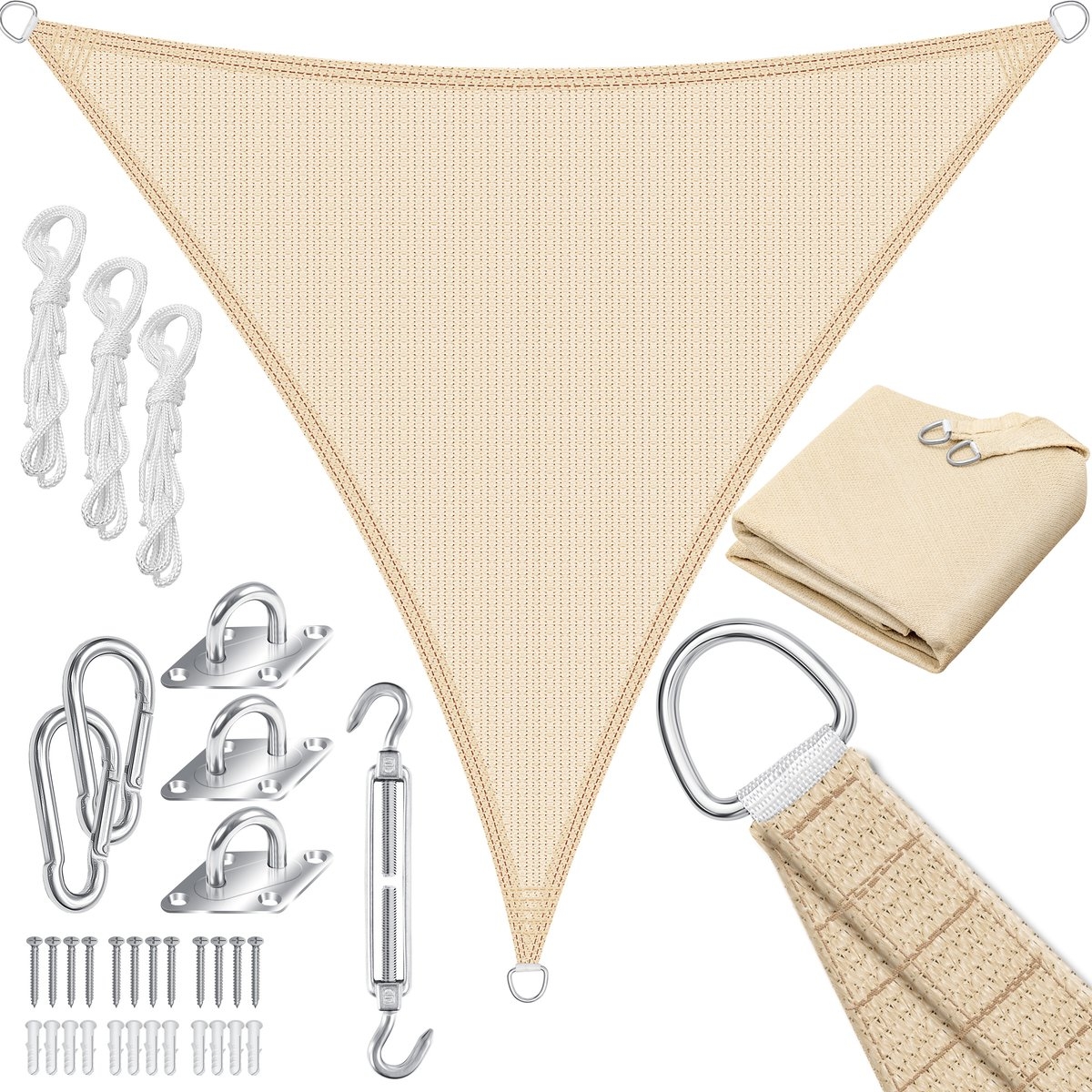 Schaduwdoek – zonnedoek – zonwering – 5x7x7 meter – met montagemateriaal – creme – driehoek