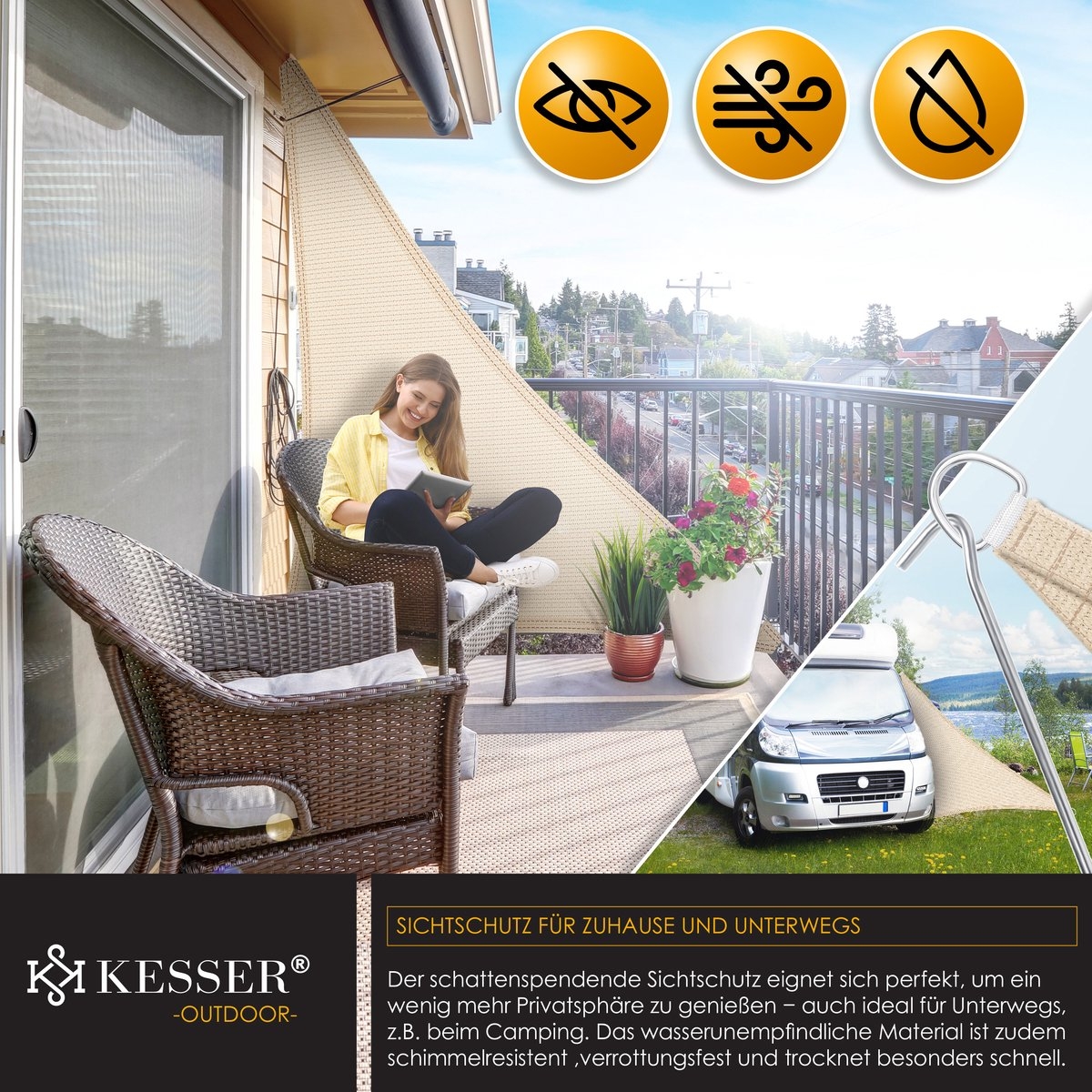 Schaduwdoek – zonnedoek – zonwering – 5x7x7 meter – met montagemateriaal – creme – driehoek - Afbeelding 8